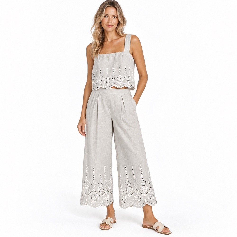 NWT Magaschoni Linen Eyelet 2 Piece Set Crop Top & Wide Leg Pants M